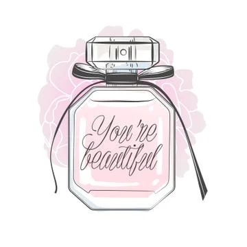Perfume bottle with You Are Beautiful lettering. Hand drawn vector illustration Stock Illustration