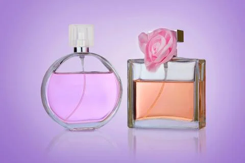 Perfume Circle & Square Shaped Bottles with Plastic Pink Rose Stock Photos