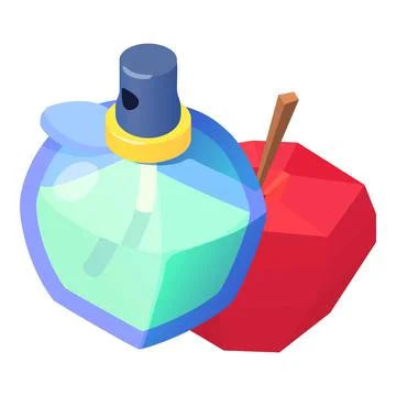 Perfume concept icon isometric vector. Bottle of perfume and red apple polygonal Illustration