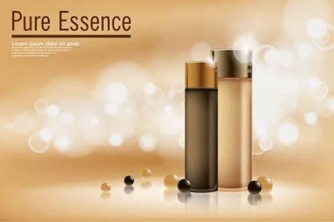 Perfume contained on bronze background with soft bokeh. Poster for the promotion Stock-Illustration