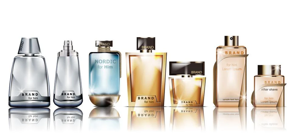 Perfume cosmetics set Vector mock up. Products packaging realistic different  Stock-Illustration