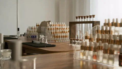 Perfume Dropper Bottles Standing in Perfumery Laboratory Stock Footage 337106528
