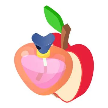 Perfume icon isometric vector. Bottle of perfume in shape heart half red apple Stock-Illustration