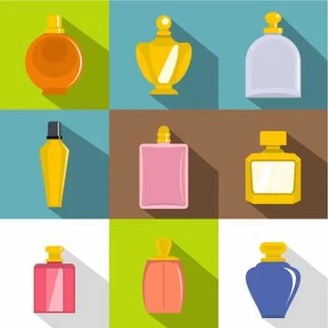 Perfume icons set, flat style Stockillustratie