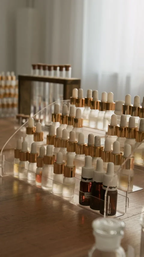 Perfume Ingredient Bottles Standing on Tiered Stand for Master Class Stock Footage 337105688