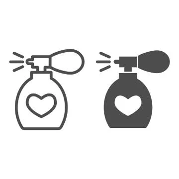 Perfume line and solid icon. Fragrance bottle with heart and water spray mist Illustrazione stock