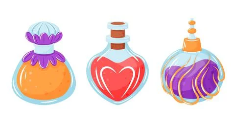 Perfume or potion bottle set in cartoon style. Aroma water bottles, fragrance Stock Illustration