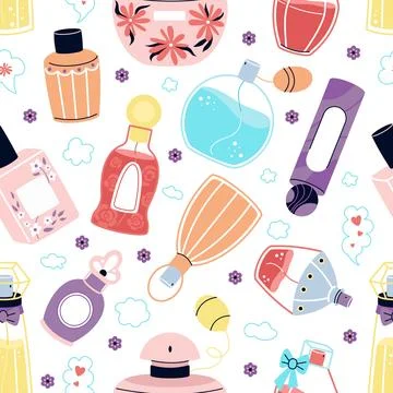 Perfume packaging seamless pattern. Fragrance bottles texture, cosmetic bottle Stock Illustration