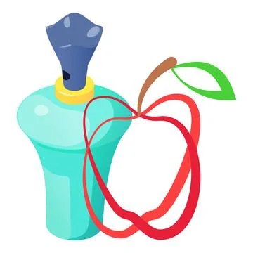 Perfume product icon isometric vector. Bottle of perfume and red apple symbol Illustration