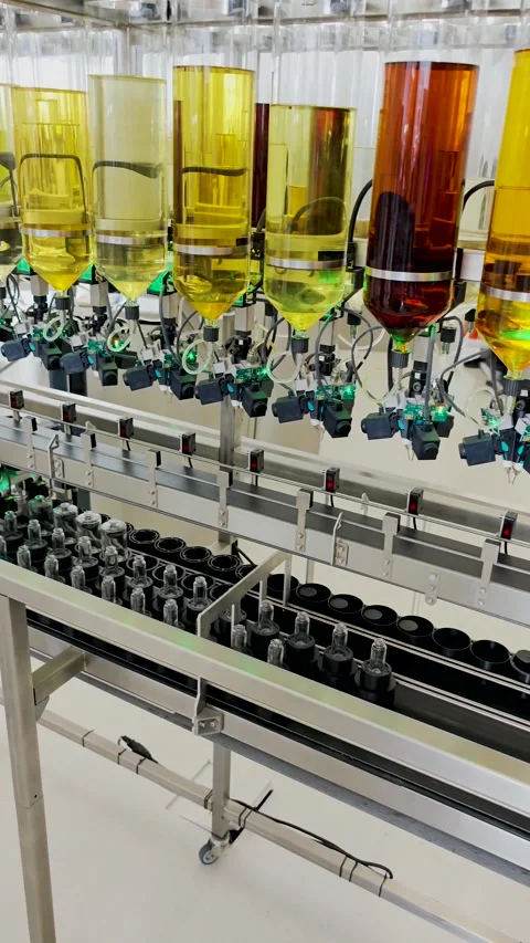 Perfume production. Different scents in bottles. Robotic perfume production line Stock-Footage 321641701