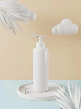 Perfume pump cream bottle placed on a circular pedestal and with flowers, 3.. Stock Illustration