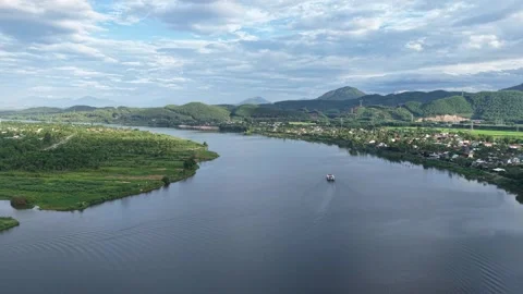 Perfume River winding through green landscape aerial 4K Stock Footage 339863018