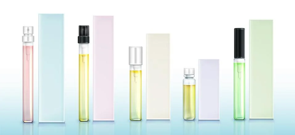 Perfume sample bottles and boxes, scent mockup set Stock-Illustration