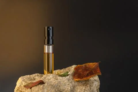 Perfume sample standing on a stone with apple leaves. Autumn perfumery concept Stock Photos