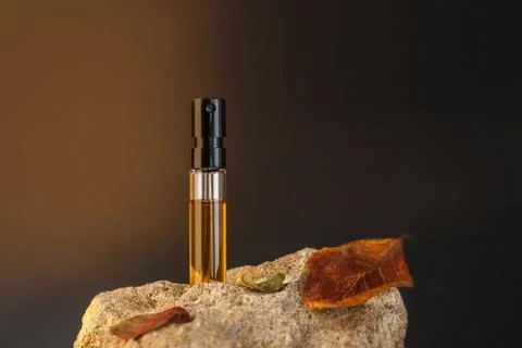 Perfume sample standing on a stone with apple leaves. Autumn perfumery concept Foto stock