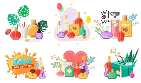 Perfume set, flat vector isolated illustration. Seasonal and holiday sale and Illustration