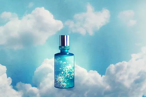 Perfume spray bottle on the background of clouds in the sky mockup banner. Stock Illustration