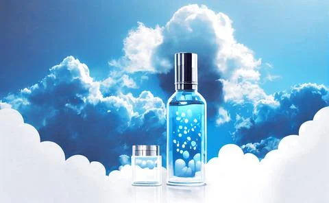 Perfume spray bottle on the background of clouds in the sky mockup banner. Stock Illustration