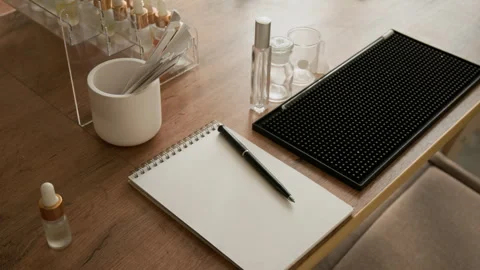 Perfumer Master Class Workspace Displaying Notebook with Scent Strips Stock Footage 337107784