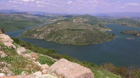 Pergamon, panoramic view from ancient city to the lake Kestel Stock Footage 89098550