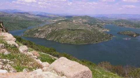 Pergamon, panoramic view from ancient city to the lake Kestel, Turkey, Bergam Stock Photos