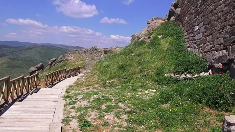 Pergamon, spring flowering on the ruins of the ancient city Stock Footage 89235173