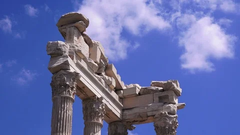 Pergamon, Trajan Temple on the white clouds background, closeup Stock Footage 89143510