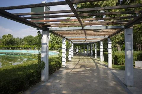 Pergola frames serene poolside: sunlit walkway beside turquoise water, lush.. Stock Photos