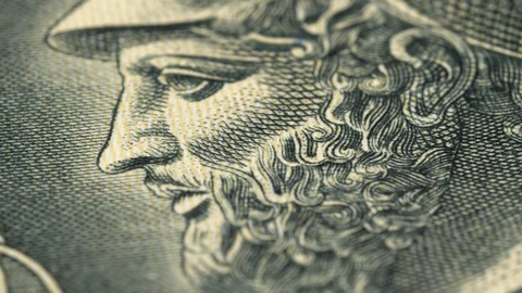 Pericles portrait on old Greece 50 drachma (1955) note rotating. Low angle. 4K Stock Footage 123978501