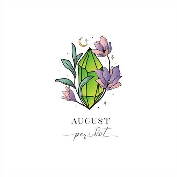Peridot, Spinel, August. Colored Flowered Hand Painted Birthstones Gem Stock Illustration