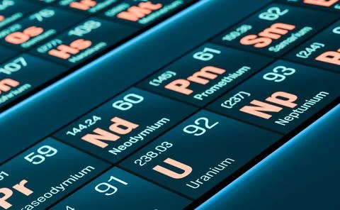  Periodic element Uranium Periodic table of the elements. Close-up of a pa... Stockfoto's