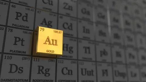Periodic table concept with black cubes. gold element selected. 3d illustration Illustrazione stock