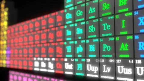 Periodic table concept with black cubes and glowing text. 3d illustration Stock Illustration