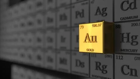 Periodic table concept with black cubes. gold element selected. 3d illustration Stock Illustration