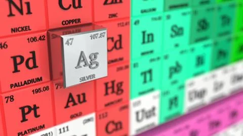 Periodic table concept with colored cubes. silver element selected. 3d Illustrazione stock