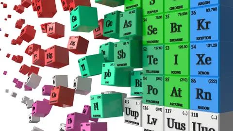 Periodic table concept. cubes colored by element groups. 3d illustration Stock Illustration