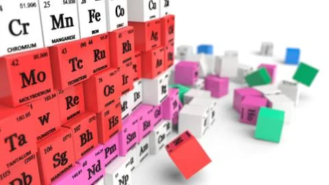 Periodic table concept with fallen cubes. 3d illustration イラスト素材