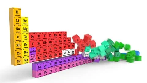 Periodic table concept with falling cubes. 3d illustration with motion blur Stock Illustration