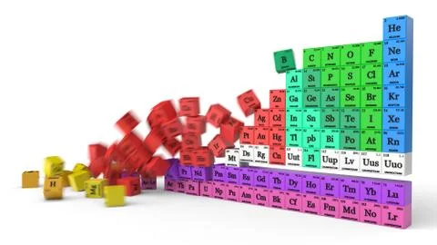 Periodic table concept with falling cubes. 3d illustration with motion blur イラスト素材