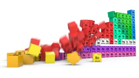 Periodic table concept with falling cubes. 3d illustration with motion blur Stock Illustration