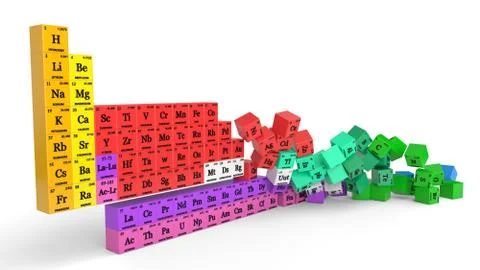 Periodic table concept with falling cubes. 3d illustration Illustrazione stock