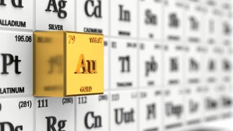 Periodic table concept with white cubes. gold element selected, 3d illustration Illustrazione stock