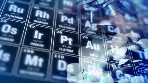 Periodic table of elements and laboratory tools. Science concept. Stock Footage