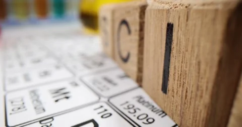 Periodic table of elements with colored liquids in flasks word science Stock Footage 265231134