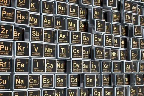 Periodic Table of the Elements, dark background. 3D rendering Stock Illustration