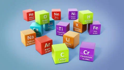 Periodic table elements isolated on blue background. 3D illustration Stock Illustration