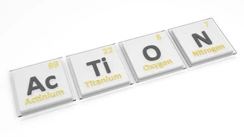 Periodic table of elements symbols used to form word Action, isolated on whit Stock Illustration