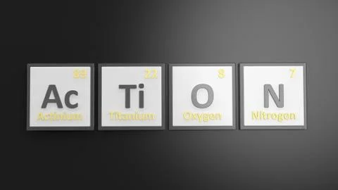 Periodic table of elements symbols used to form word Action, isolated on blac Illustrazione stock