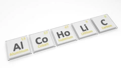 Periodic table of elements symbols used to form word Alcoholic, isolated on w Stock Illustration