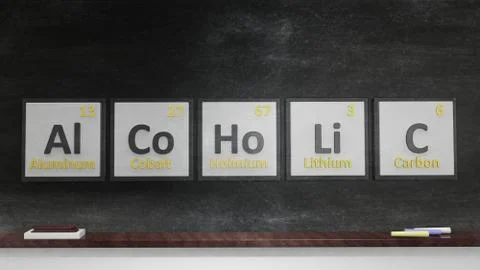 Periodic table of elements symbols used to form word Alcoholic, on blackboard Illustrazione stock